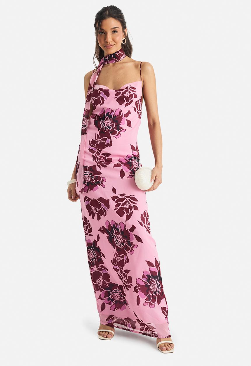 boohoo - Floral chiffon slip dress with neck tie - pink