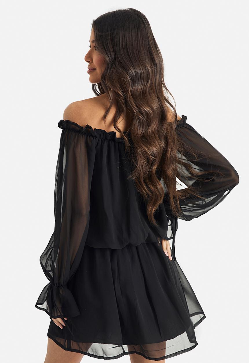 boohoo - Chiffon bardot dropped waist mini dress - black