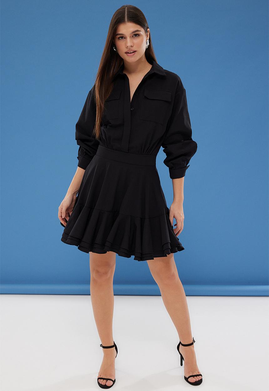 Trendyol - Black Mini Woven Dress with Flounce Detail