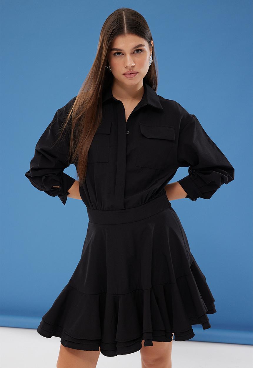 Trendyol - Black Mini Woven Dress with Flounce Detail