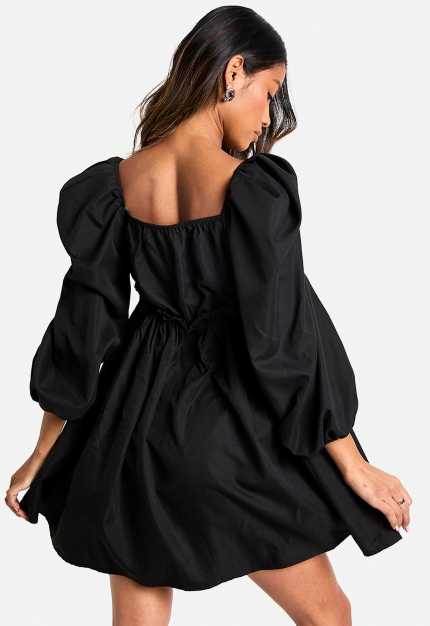 boohoo - Puff sleeve plunge smock dress - black