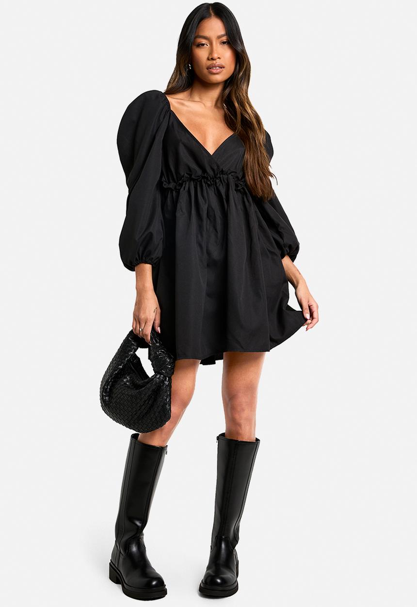boohoo - Puff sleeve plunge smock dress - black