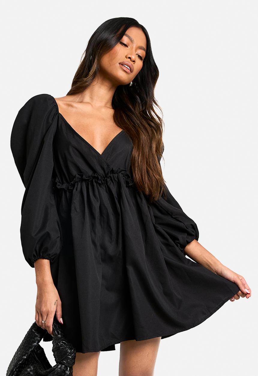 boohoo - Puff sleeve plunge smock dress - black