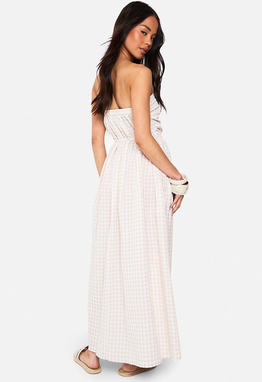 boohoo - Gingham ruched bandeau midaxi dress - stone