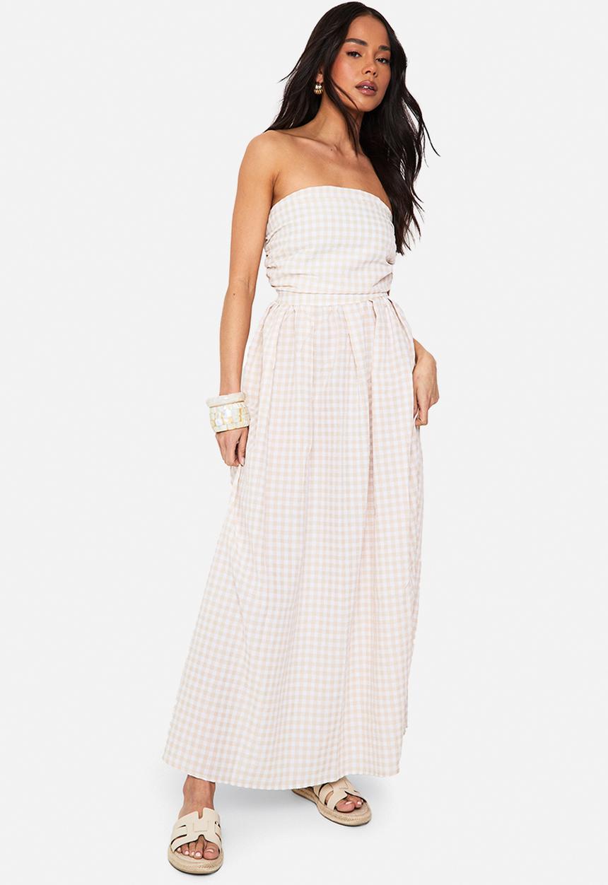 boohoo - Gingham ruched bandeau midaxi dress - stone