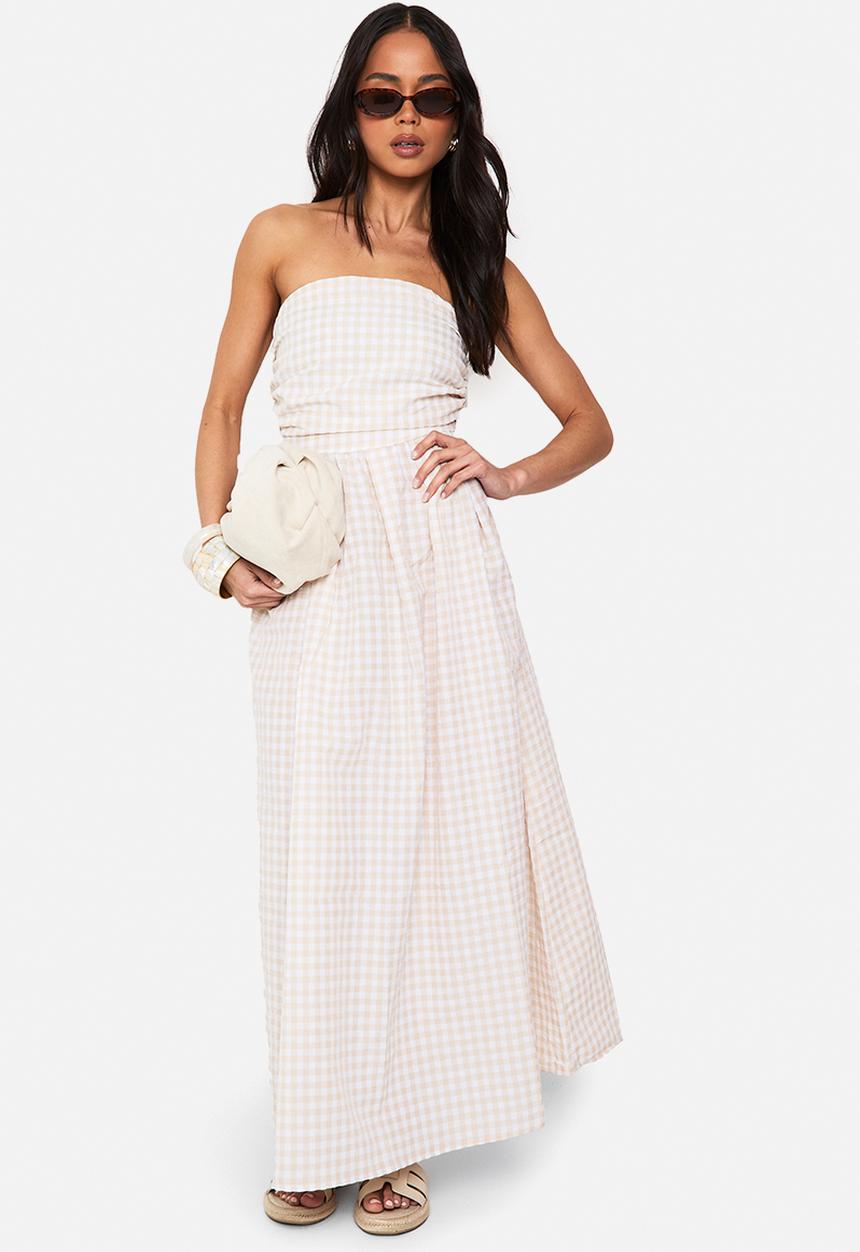 boohoo - Gingham ruched bandeau midaxi dress - stone