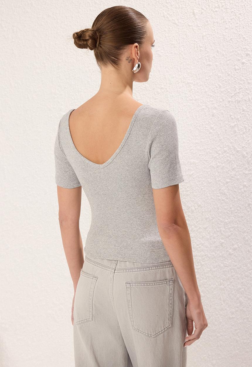 Trendyol - 2-Pack V-Neck Short Sleeve Elastic Knitted Top - Black/Grey