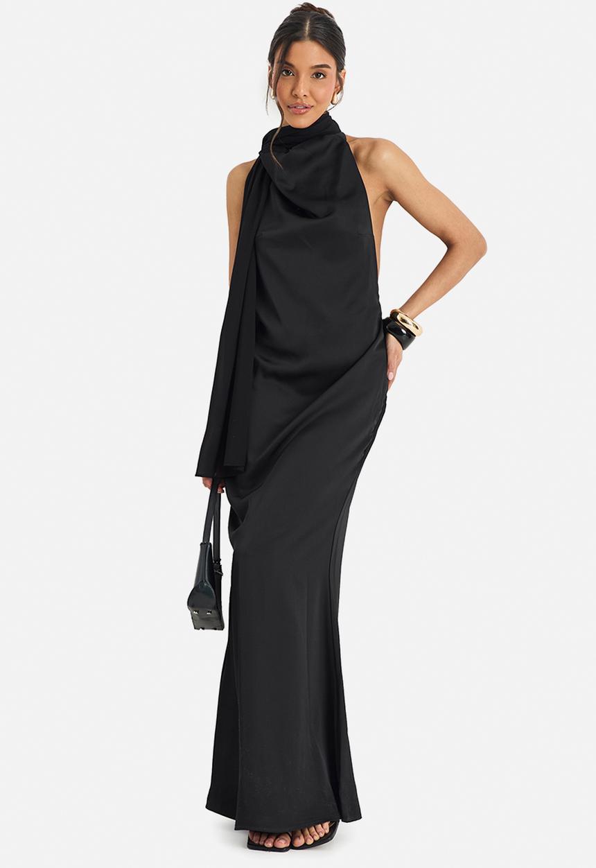 boohoo - Satin maxi dress with chiffon scarf - black
