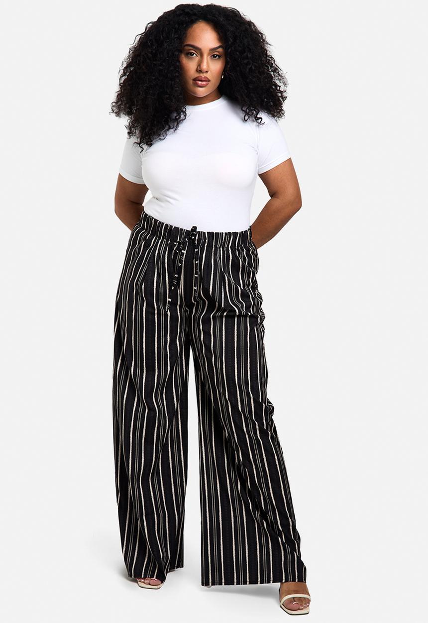 boohoo - Plus stripe woven drawstring wide leg trouser - black