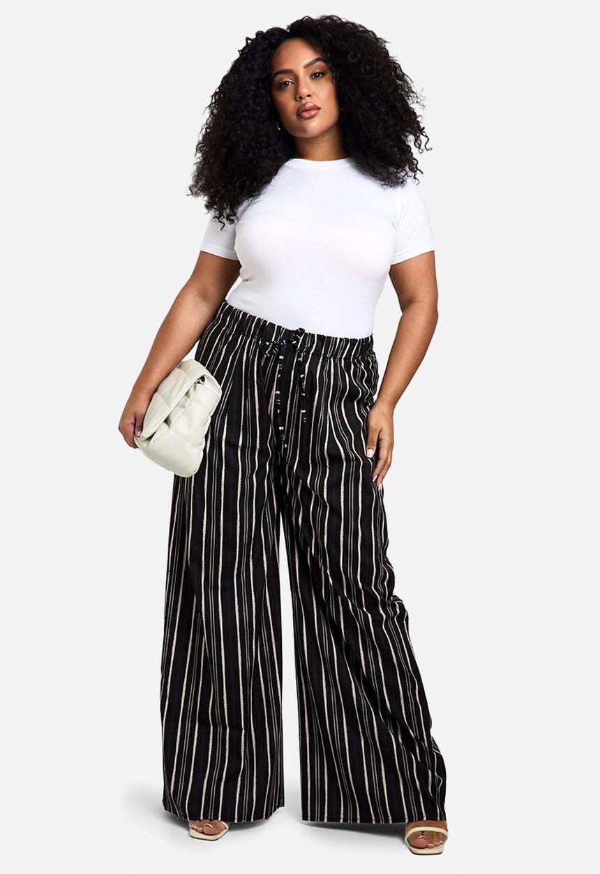 boohoo - Plus stripe woven drawstring wide leg trouser - black