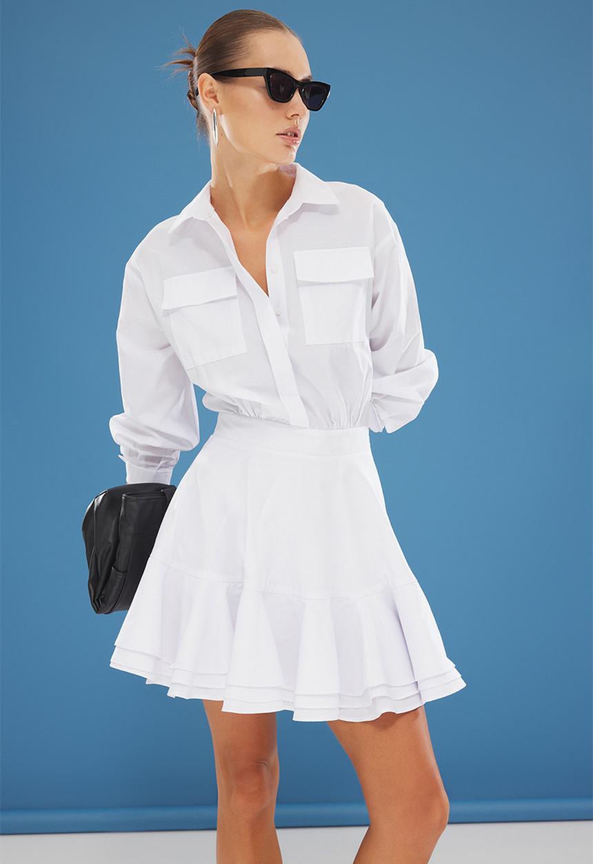 Trendyol - White Mini Woven Dress with Flounce Detail