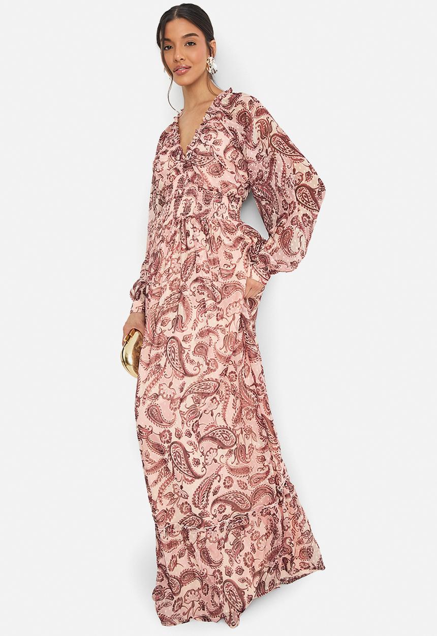 boohoo - Paisley print long sleeve maxi dress - chocolate