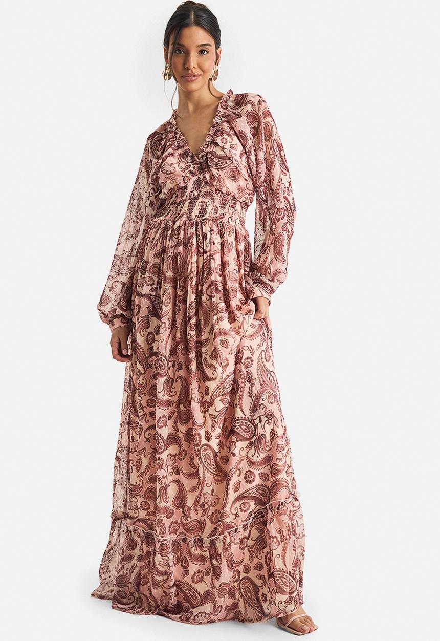boohoo - Paisley print long sleeve maxi dress - chocolate