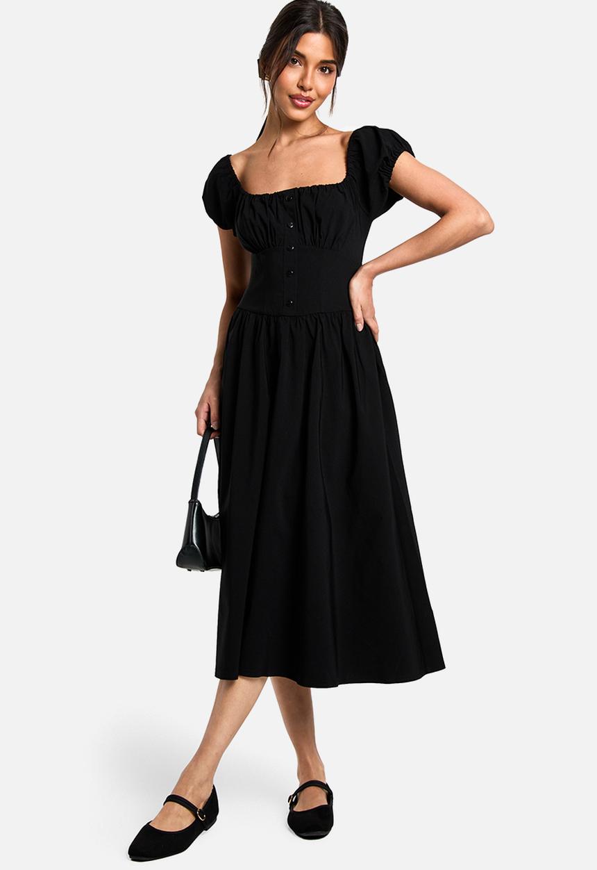 boohoo - Puff sleeve milkmaid midi dress - black