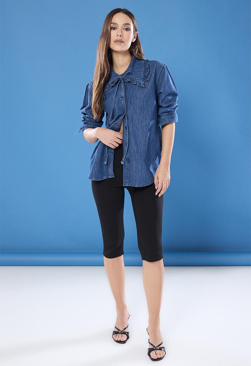 Trendyol - Tie Detail Baby Collar Denim Shirt - Dark blue