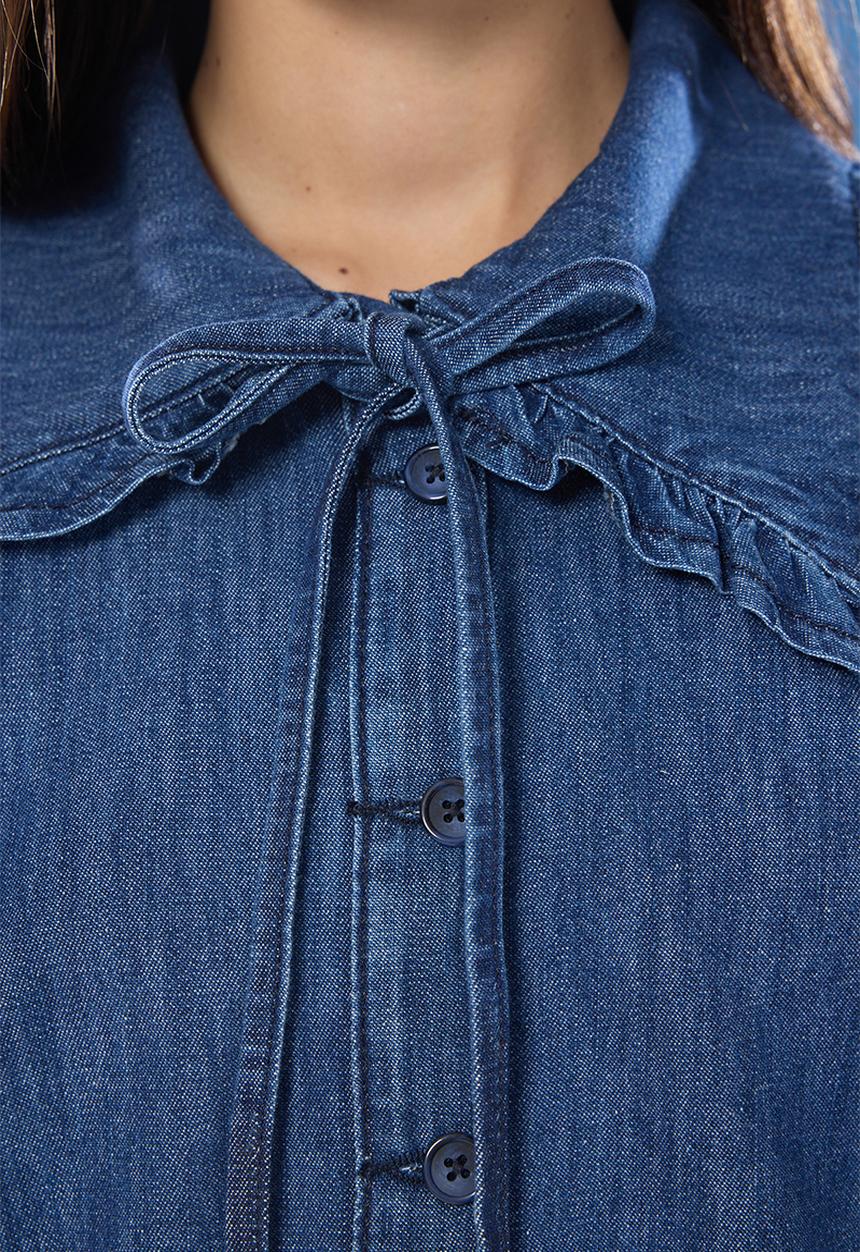 Trendyol - Tie Detail Baby Collar Denim Shirt - Dark blue