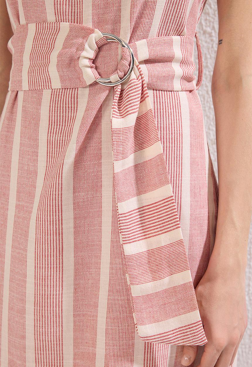 Trendyol - Striped Belted Mini Woven Dress - Red