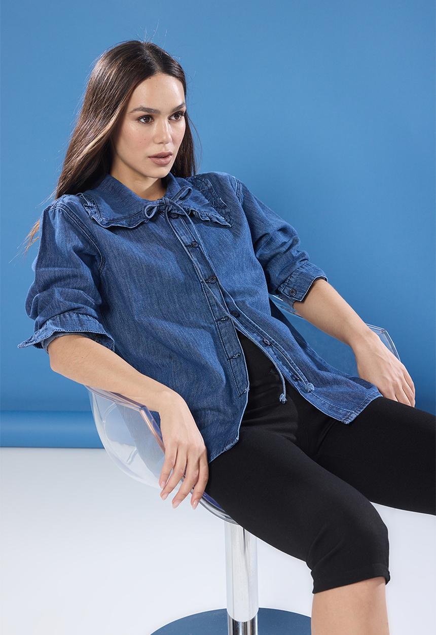 Trendyol - Tie Detail Baby Collar Denim Shirt - Dark blue