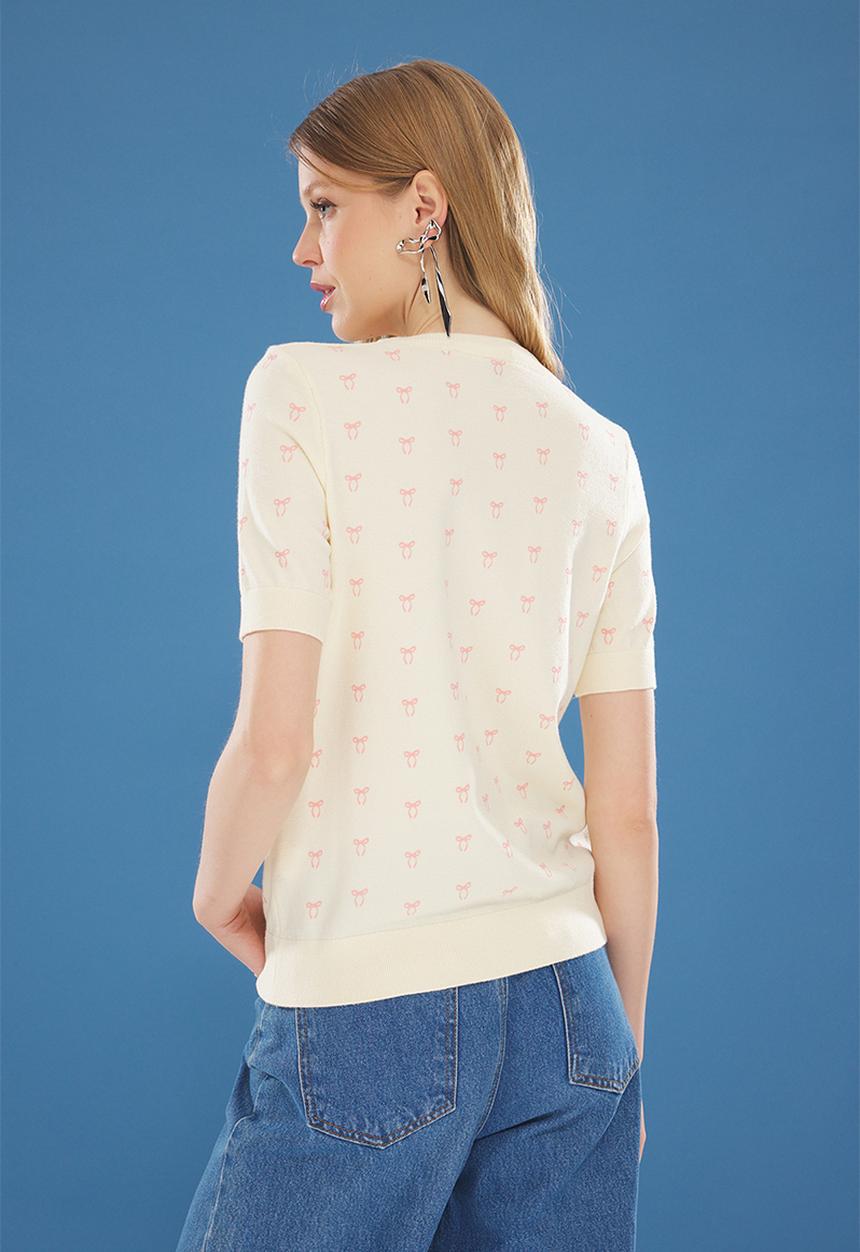 Trendyol - Ribbon Printed Premium Yarn  Knitwear Top - Ecru 