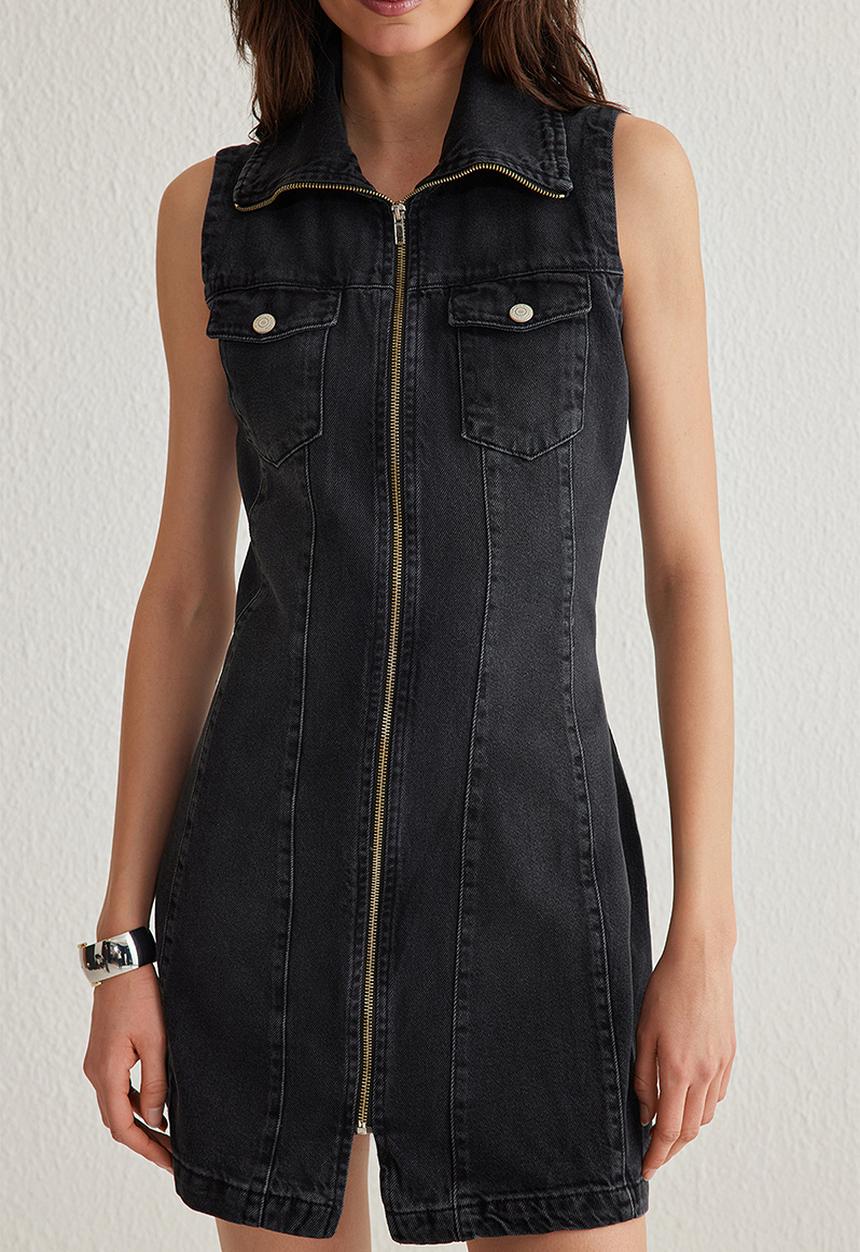 Trendyol - Zipper Detailed Stand Collar Mini Denim Dress - Black