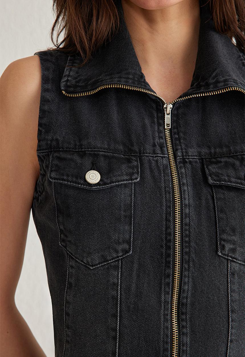 Trendyol - Zipper Detailed Stand Collar Mini Denim Dress - Black