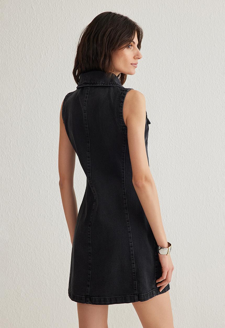 Trendyol - Zipper Detailed Stand Collar Mini Denim Dress - Black
