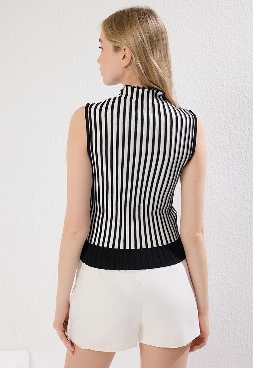 Trendyol - Striped Stand Collar Premium Yarn Knitwear -Black & White