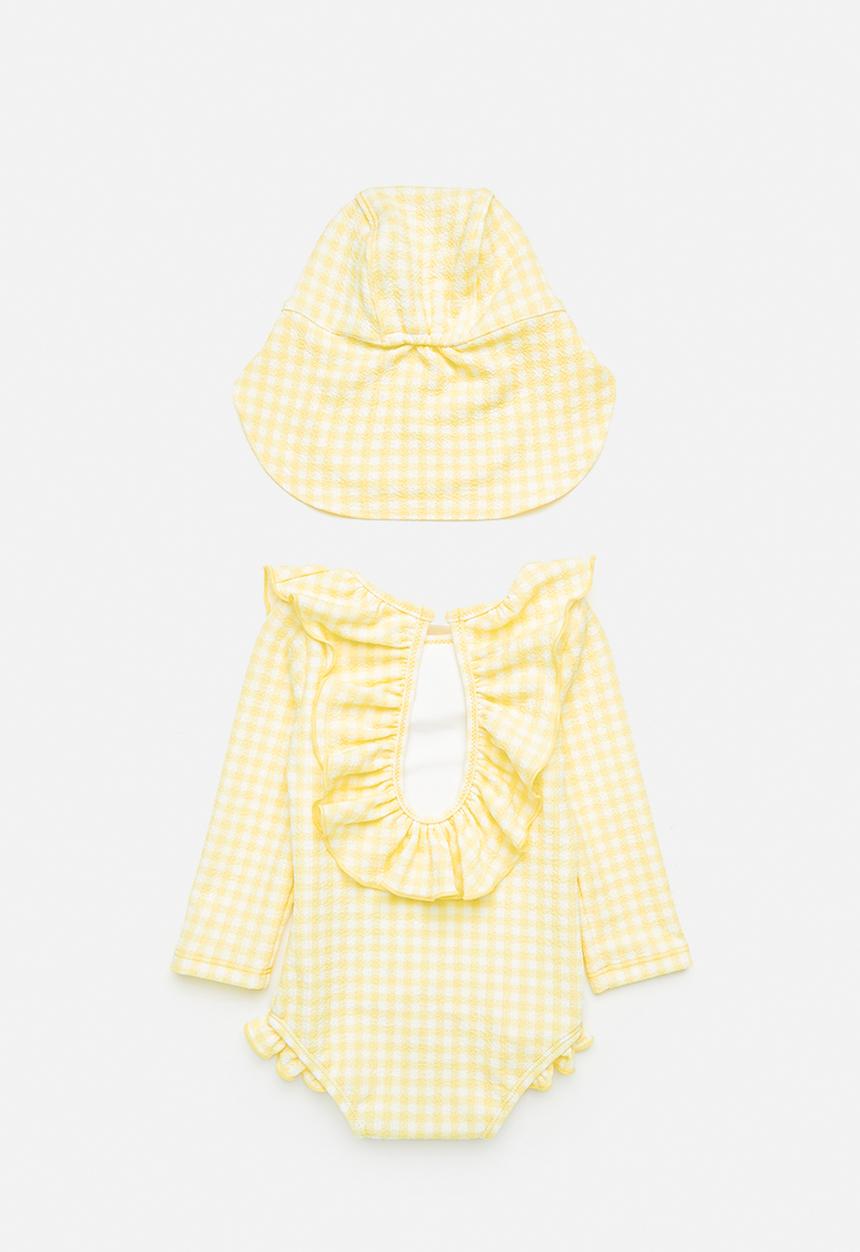 Cotton On - Bundle lucy swimsuit & sammy hat - baby yellow/mini gingham