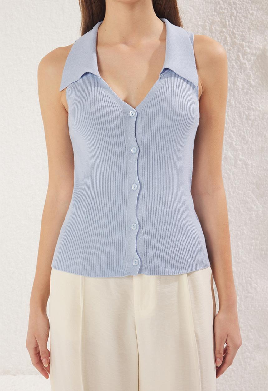 Trendyol - Premium Yarn Polo Neck Ribbed Knitted Top- blue