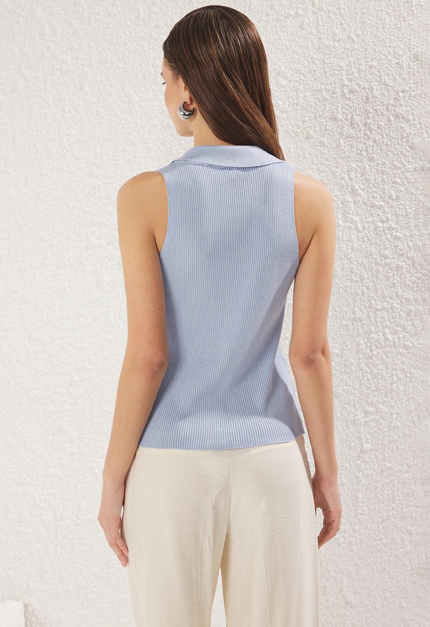 Trendyol - Premium Yarn Polo Neck Ribbed Knitted Top- blue