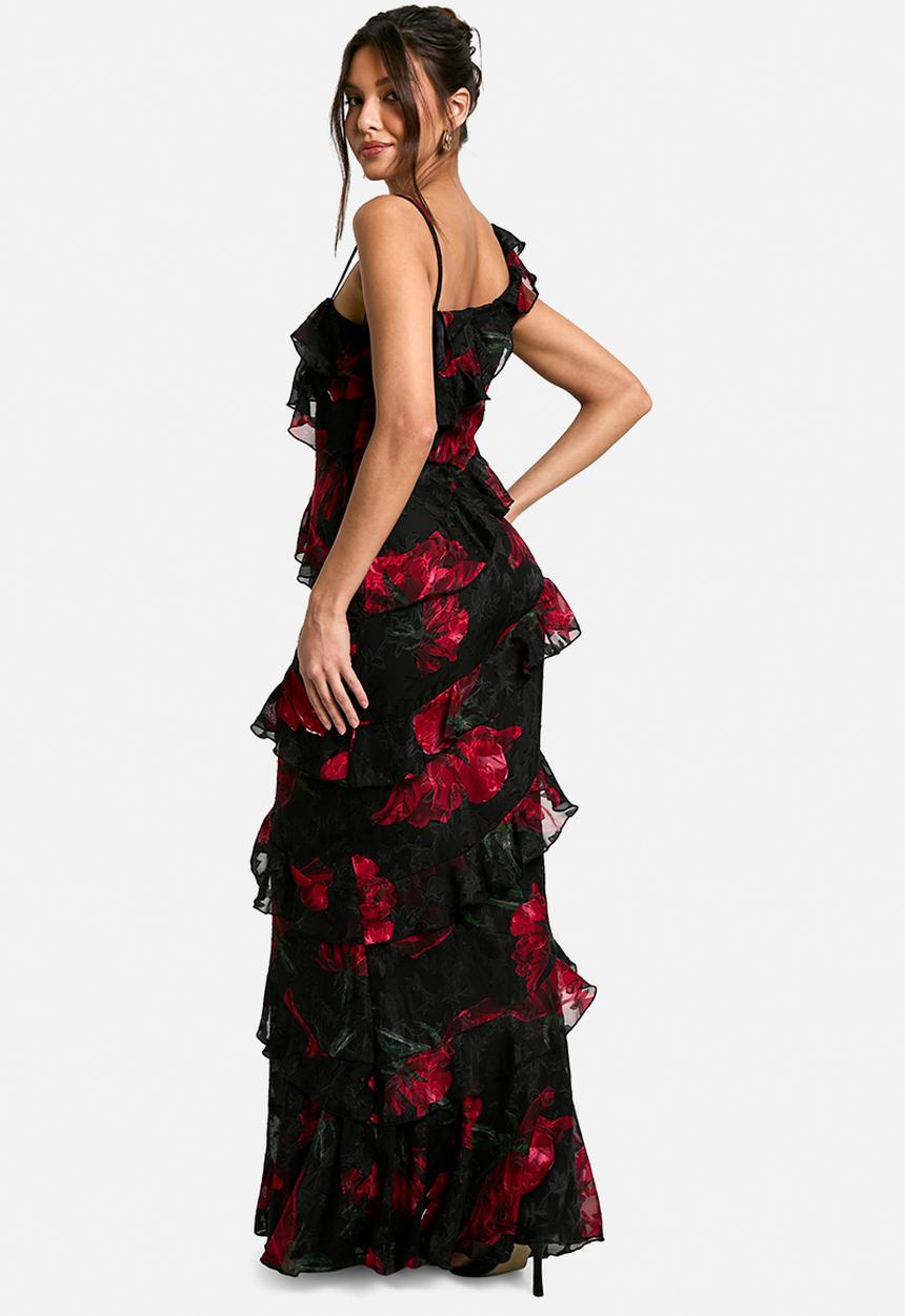 boohoo - Floral one shoulder ruffle maxi dress - black