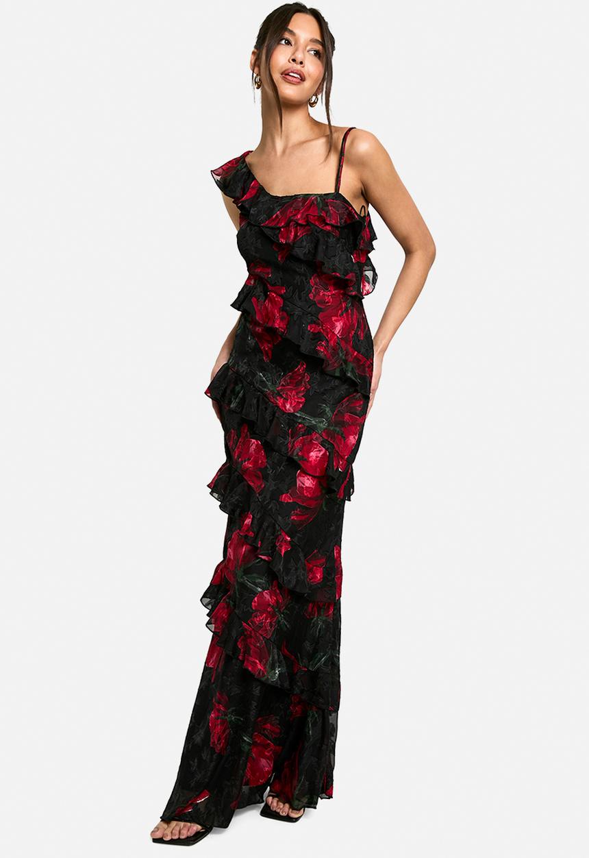 boohoo - Floral one shoulder ruffle maxi dress - black