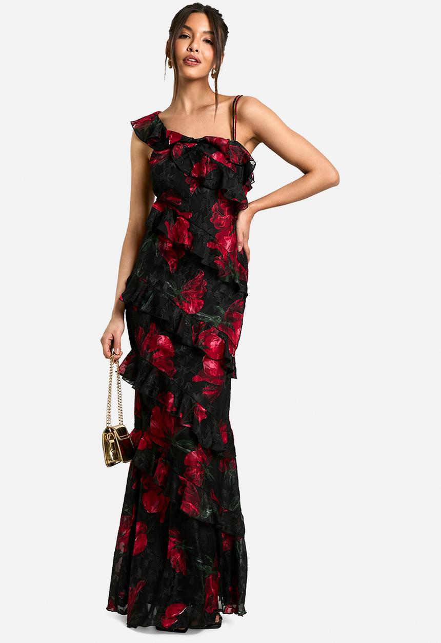 boohoo - Floral one shoulder ruffle maxi dress - black