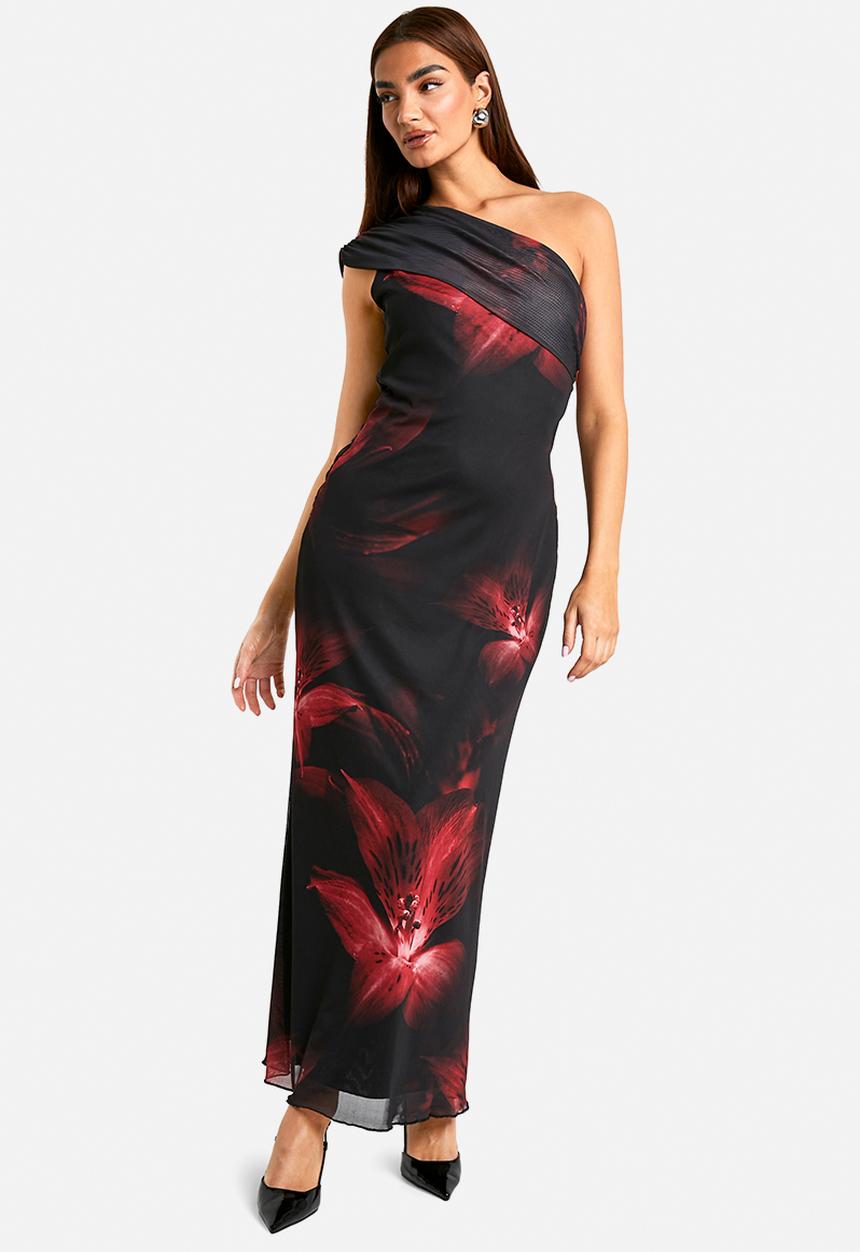 Fold over one shoulder floral mesh maxi dress