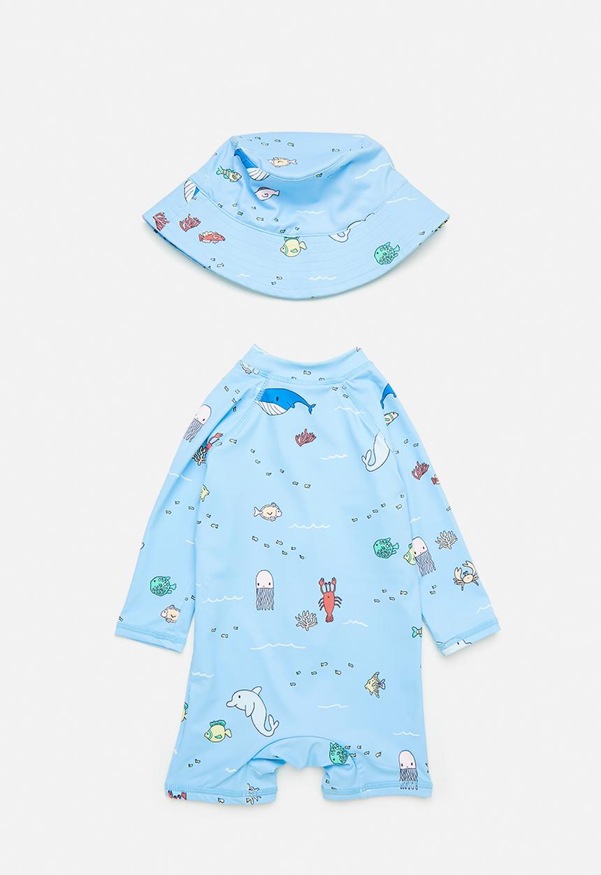 Cotton On - Bundle cameron swimsuit and swim bucket hat - dawn blue/sea creatures