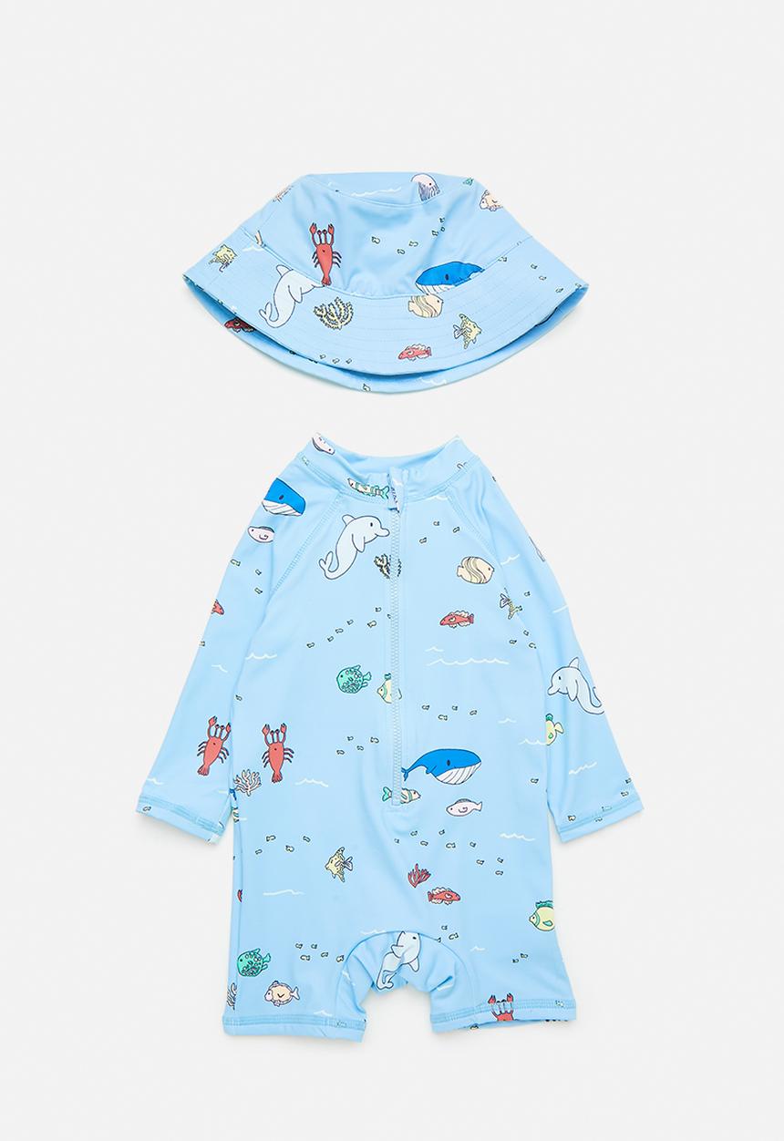 Cotton On - Bundle cameron swimsuit and swim bucket hat - dawn blue/sea creatures