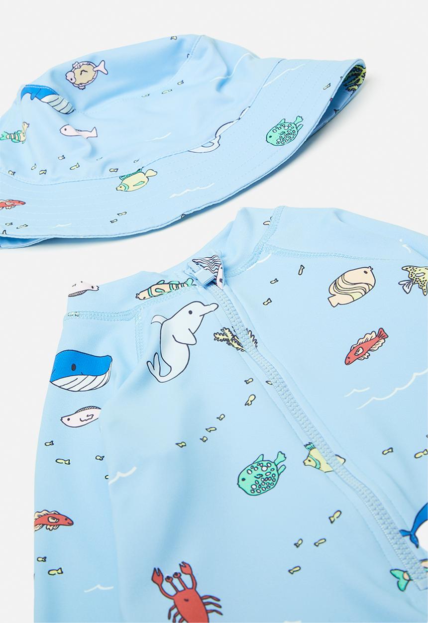 Cotton On - Bundle cameron swimsuit and swim bucket hat - dawn blue/sea creatures