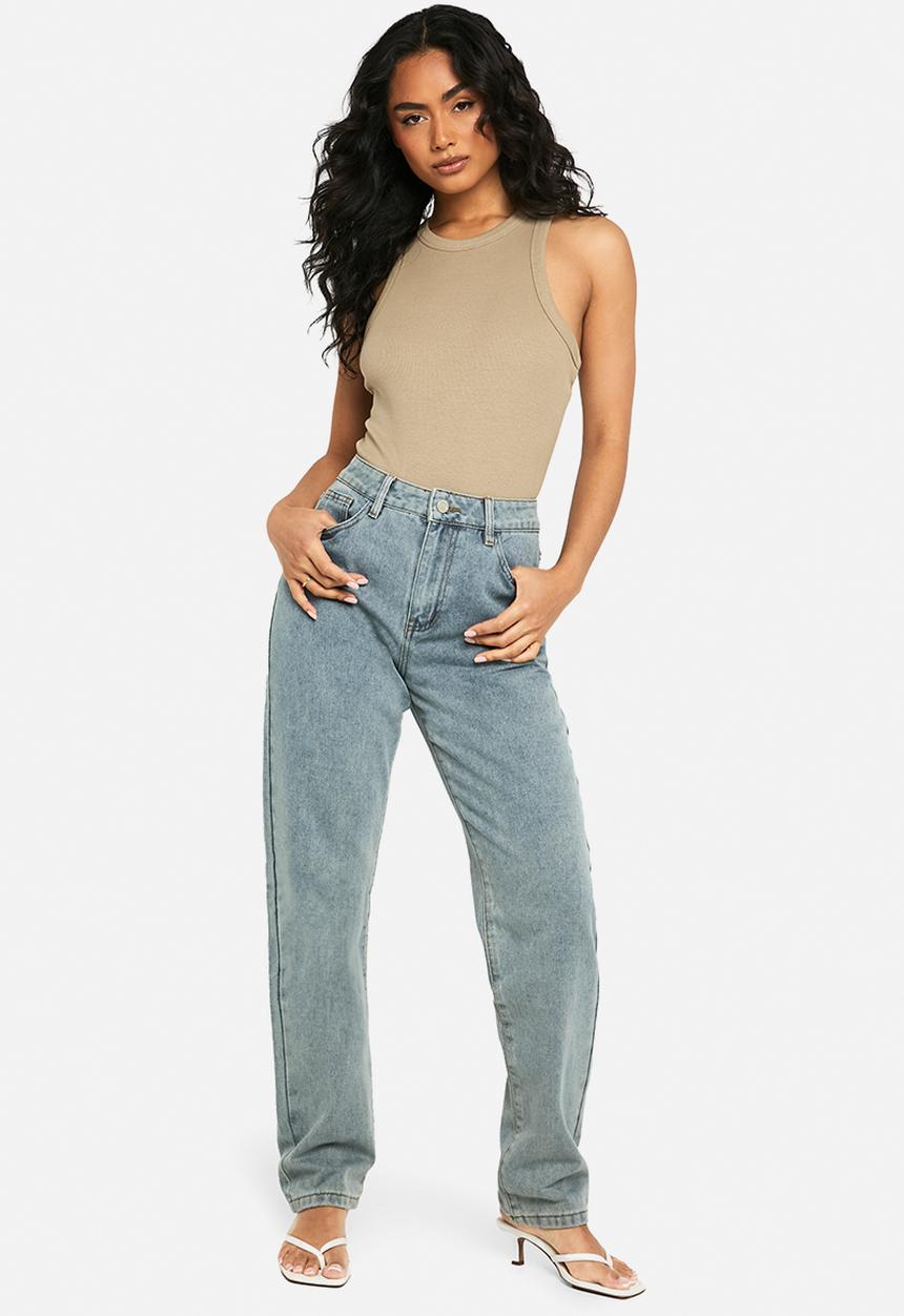 boohoo - Boohoo Basics High Waisted Straight Leg Jeans - Washed Blue