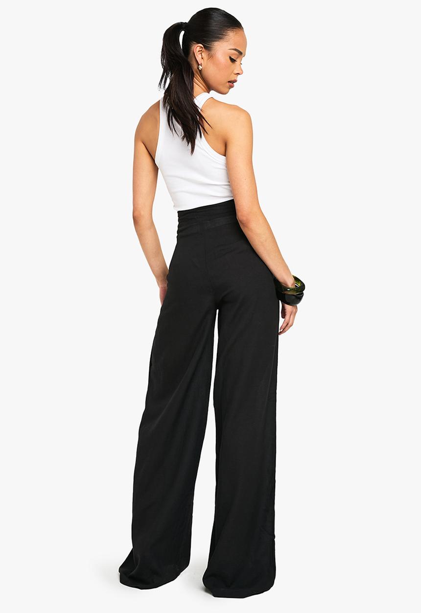boohoo - Linen look wide leg relaxed fit trousers - black