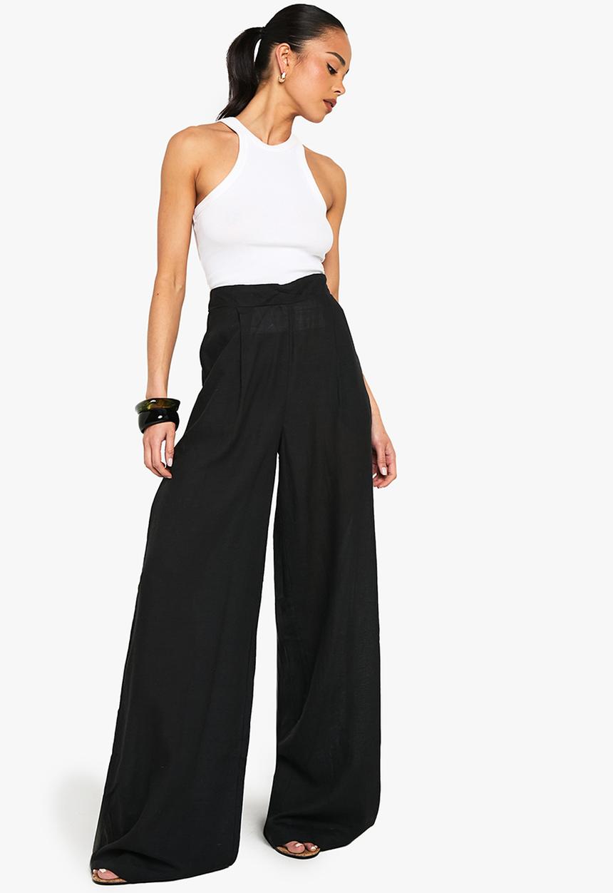 boohoo - Linen look wide leg relaxed fit trousers - black