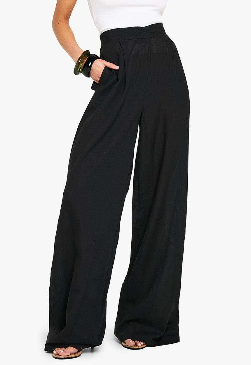 boohoo - Linen look wide leg relaxed fit trousers - black