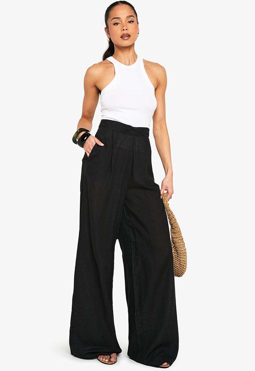 boohoo - Linen look wide leg relaxed fit trousers - black