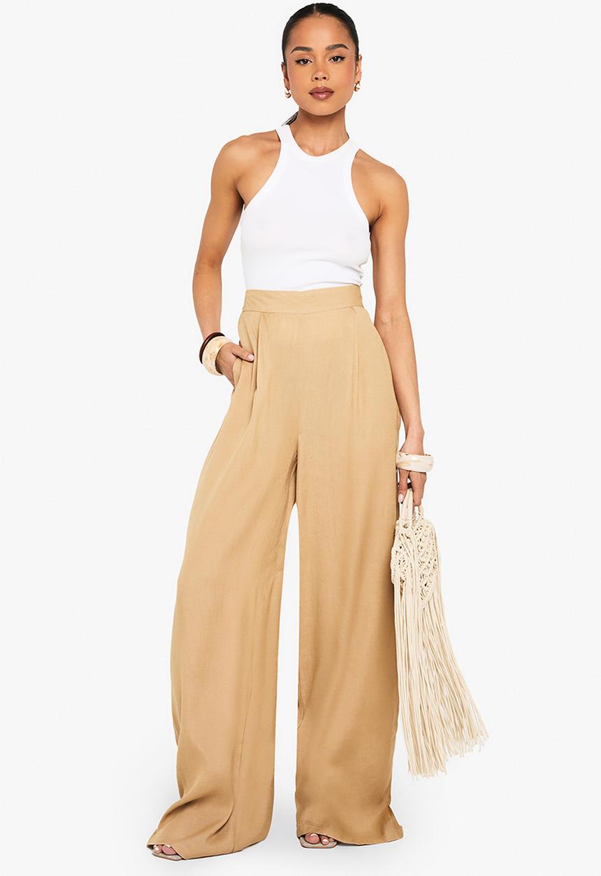 boohoo - Linen look wide leg relaxed fit trousers - stone