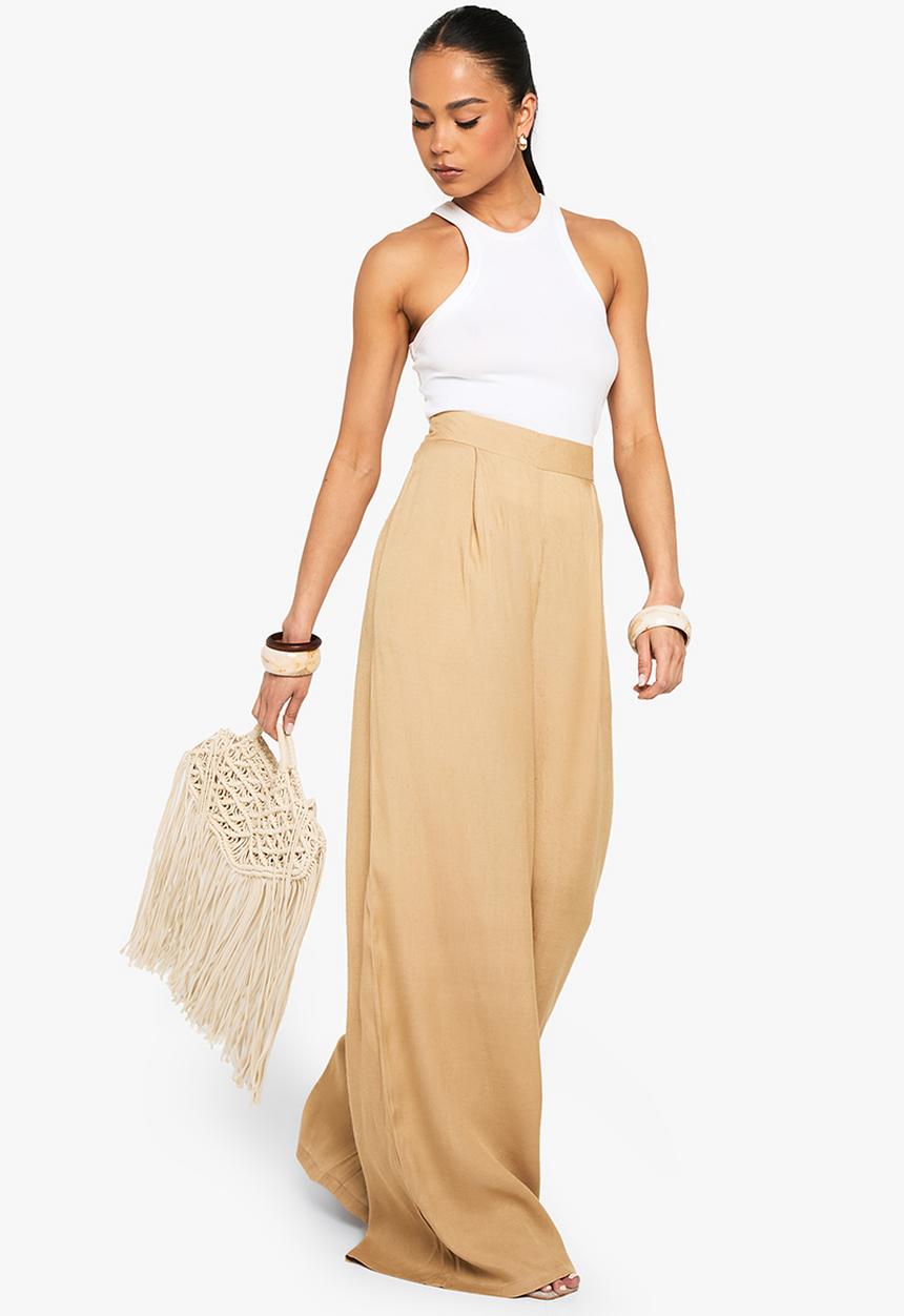 boohoo - Linen look wide leg relaxed fit trousers - stone