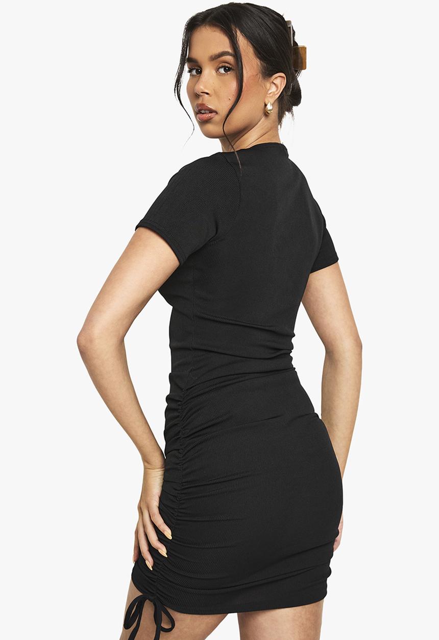boohoo - Rouched detail ribbed mini bodycon dress - black