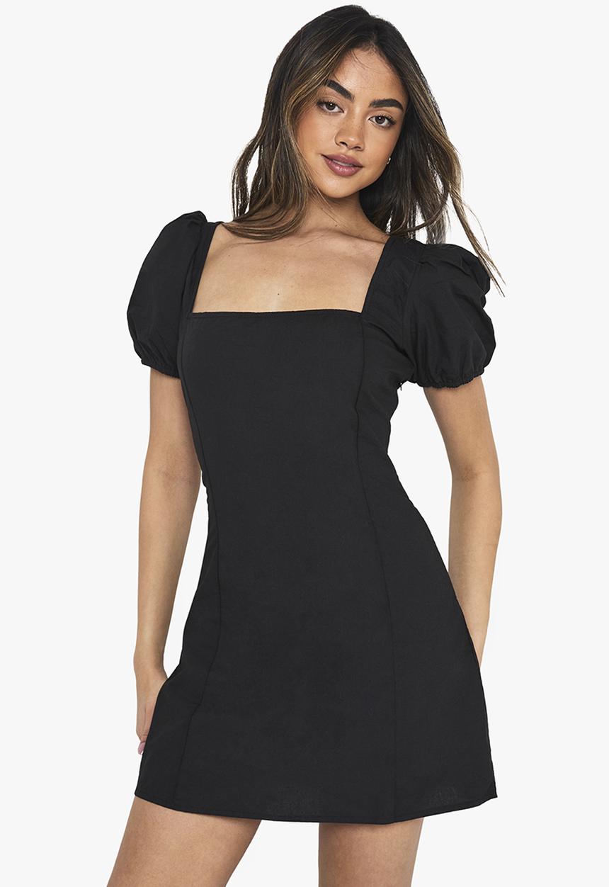 boohoo - Cotton puff sleeve mini dress - black