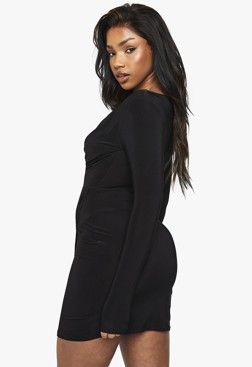 boohoo - Slinky rouched wrap mini dress - black