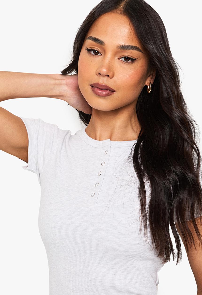 boohoo - Rib popper neckline crew neck top - ash grey