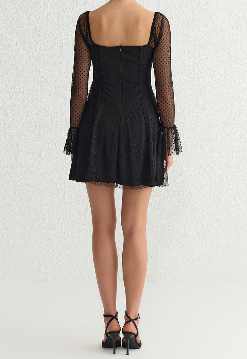 Trendyol - Lined Polka Dot Tulle Knitted  Evening Dress - Black