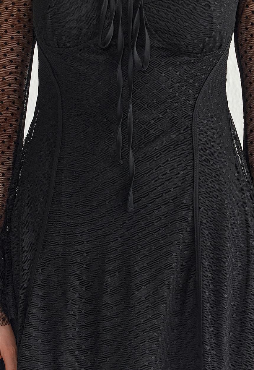 Trendyol - Lined Polka Dot Tulle Knitted  Evening Dress - Black